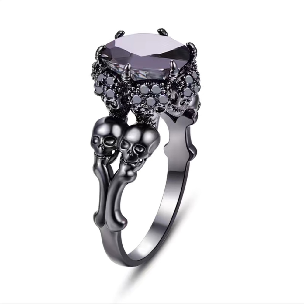 Gothic Skull Design with Black Stones Black Zircon Ring